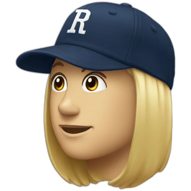 a navy baseball cap with a white letter R on the front emoji