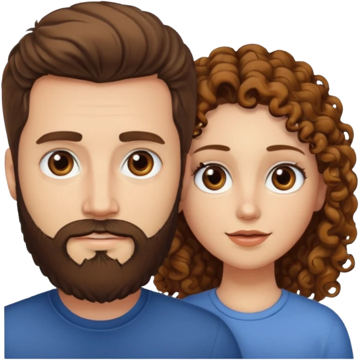 Casal - Homem branco de cabelo liso e olhos marrom, com barba e mulher de pele branca cabelo cacheado marrom e olhos mel emoji
