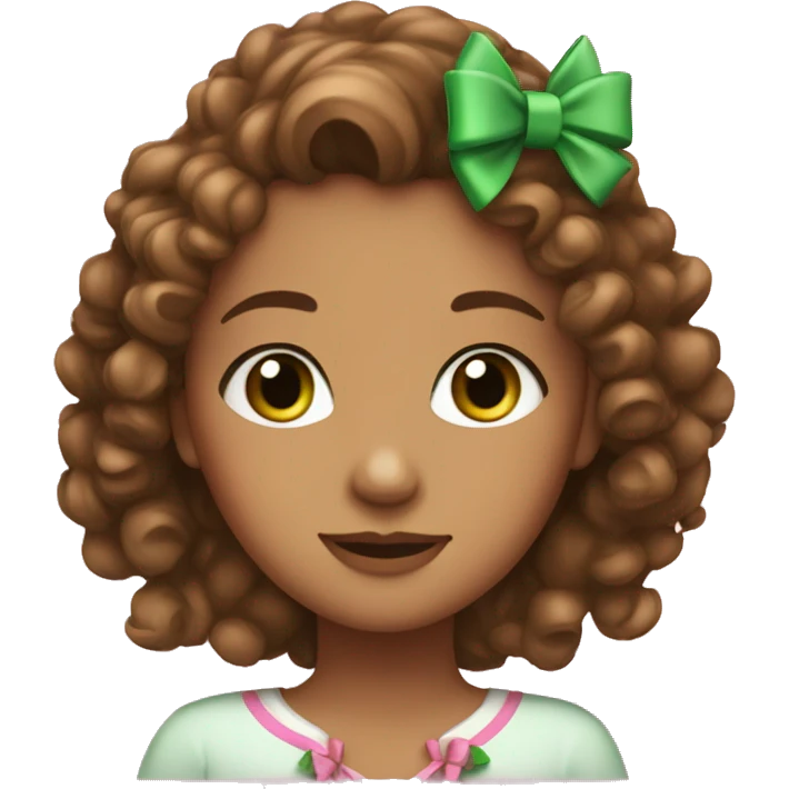 A girl with curly brown hair green eyes and with a pink bow in her hair emoji