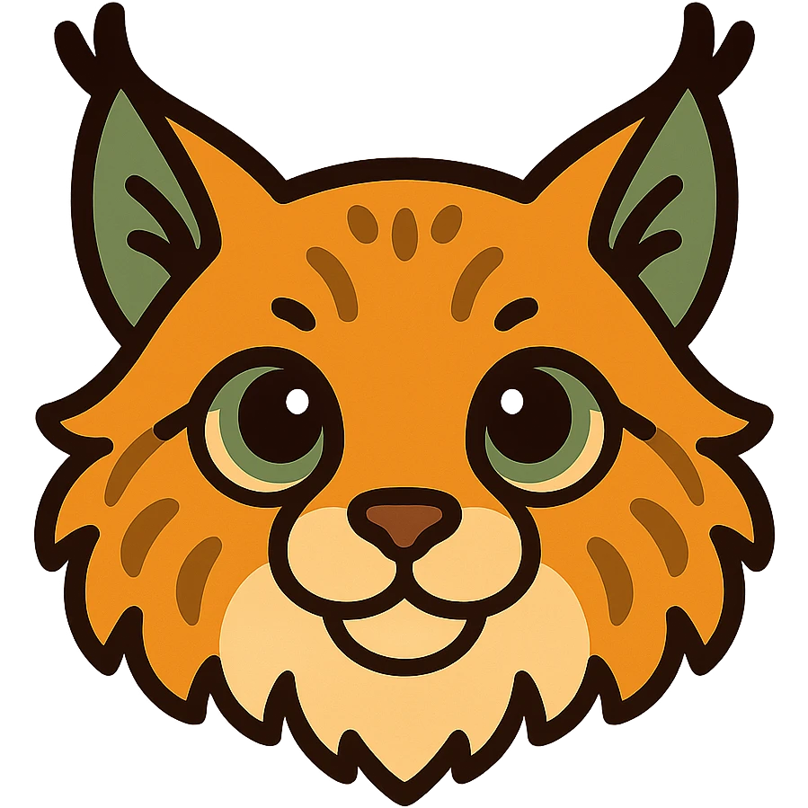 A cute and soft lynx face with big, expressive eyes, designed in a warm and magical color palette: golden orange (FA9B41), forest green (4A7C5C), muted taupe brown (96775A), and pastel peach (FFCC9A). The lynx’s fur is fluffy and soft, with a mix of warm browns and golden highlights. Its ears are tipped with tufts of fur in greenish tones, and its cheeks are gently rounded with subtle peach accents. The eyes are bright and curious, surrounded by soft fur in the warm color palette. The overall look is adorable, serene, and enchanting, evoking a gentle, woodland atmosphere. emoji
