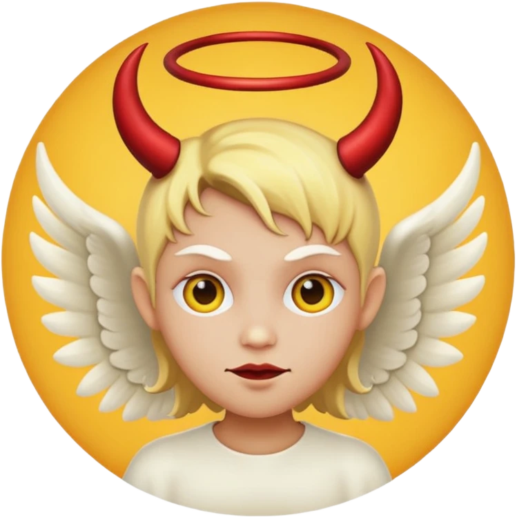 mush up the devil emoji with the angel one, I want it to be angel with devil horns, make it the classic yellow circle face emoji