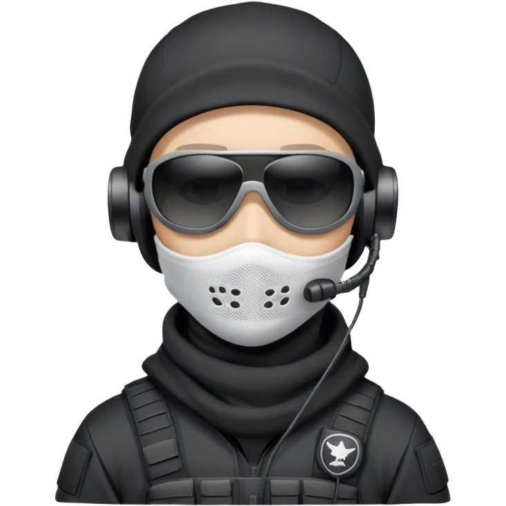 Futuristic special forces soldier wearing a white full-face balaclava, black wraparound sunglasses, and a military headset with a microphone. Dressed in a black hoodie, no tactical vest or armor. emoji