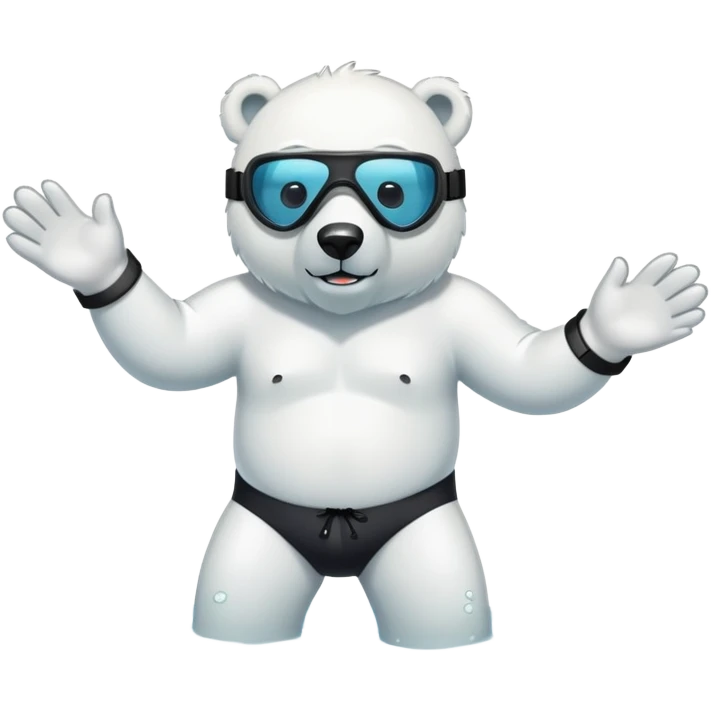 friendly anthropomorphised polar bear standing in a puddle of water, wearing board shorts, scuba mask over eyes, swimming armbands emoji