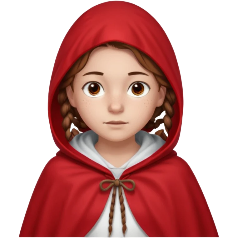 a 12 year old girl with fair skin, freckles, and brown hair done in French braids that come down to her breasts. she has a red hooded cape with the hood drawn. she has big, brown eyes and normal eyebrows emoji