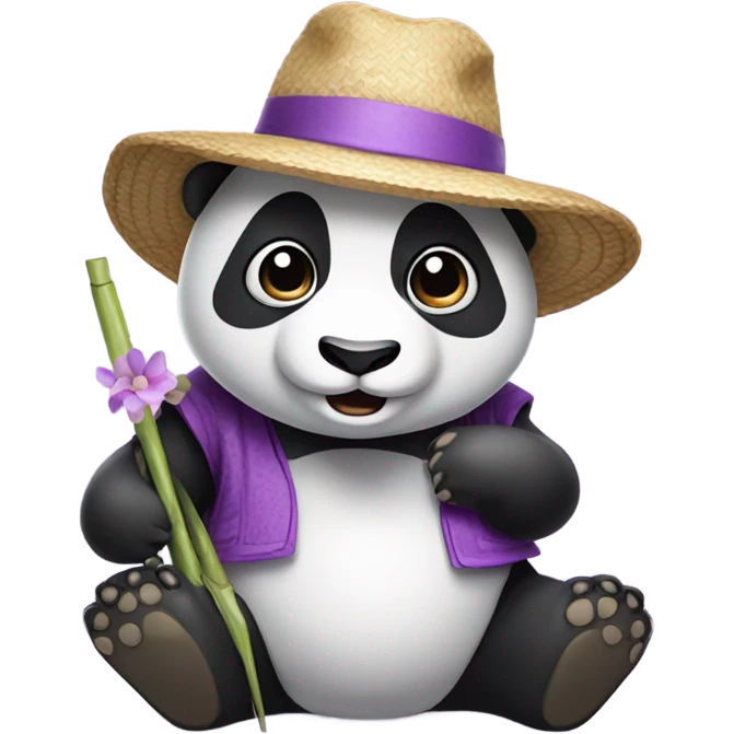 a panda with a strawhat and wearing purple and white clothes  emoji