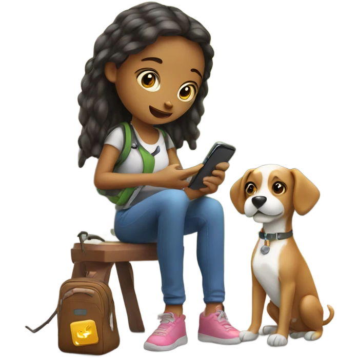 girl sitting outdoors with dog with phone in hand showing sugar monitor emoji