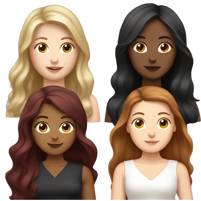 three WHITE girls. one lighter brown hair, one dark blackish hair, one burgundy red hair. olive skin, pale skin, paler skin. ALL WHITE long hair down emoji