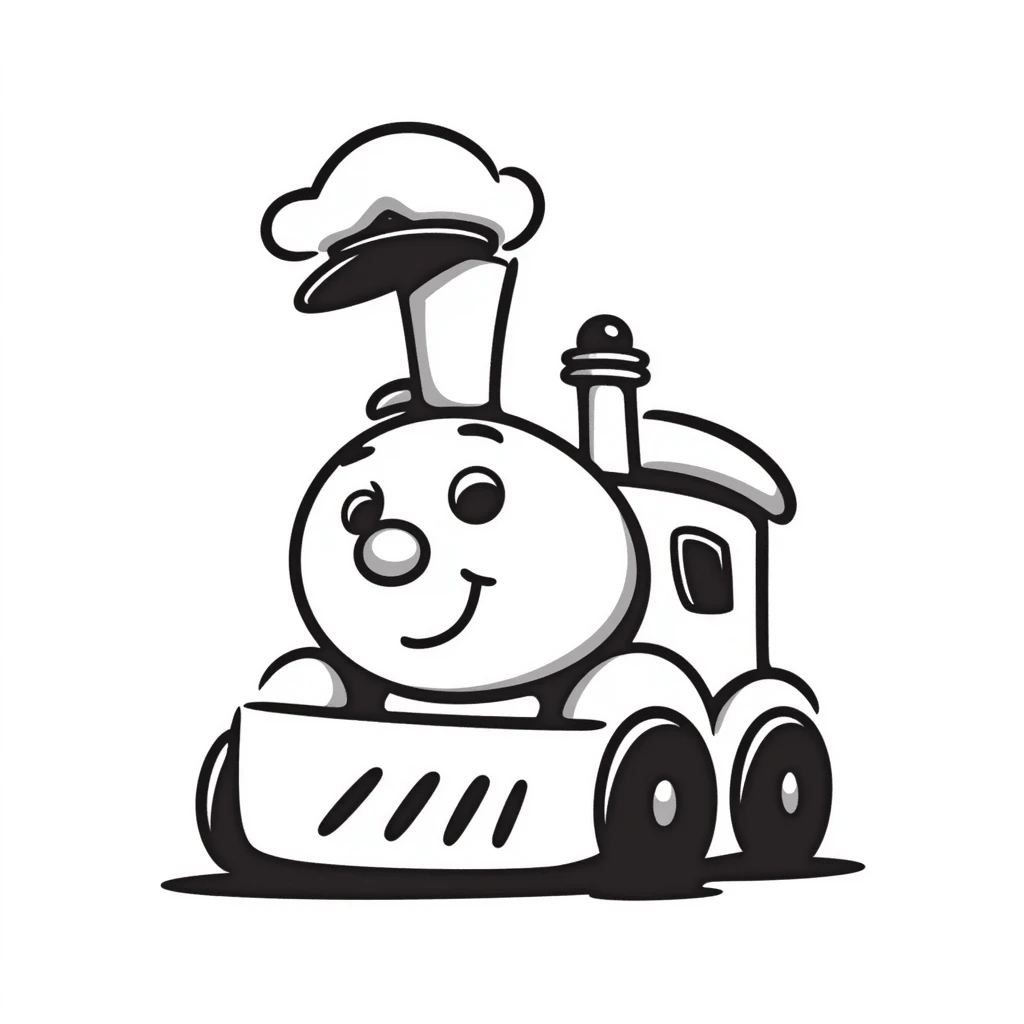 A hand-drawn toy train with a goofy happy expression and a conductor's hat emoji