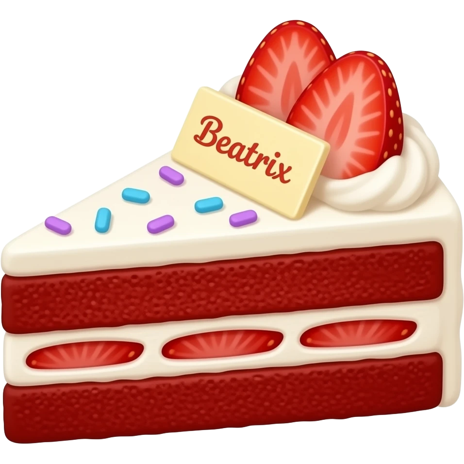 A red velvet layer cake with purple and blue sprinkles and whipped cream with strawberries and strawberry jello writing saying Beatrix emoji