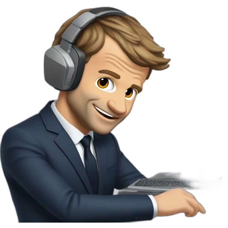 Emmanuel Macron qui joue aux jeux vidéo avec un pc gameret un casque emoji
