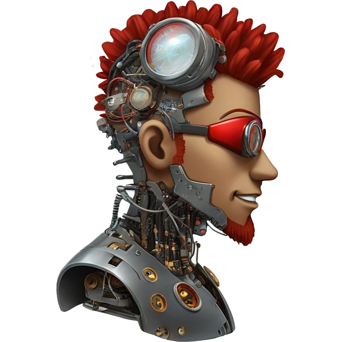 cyborg head with red Mohawk, red beard. silver steampunk monocle goggles a smile and circuits emoji