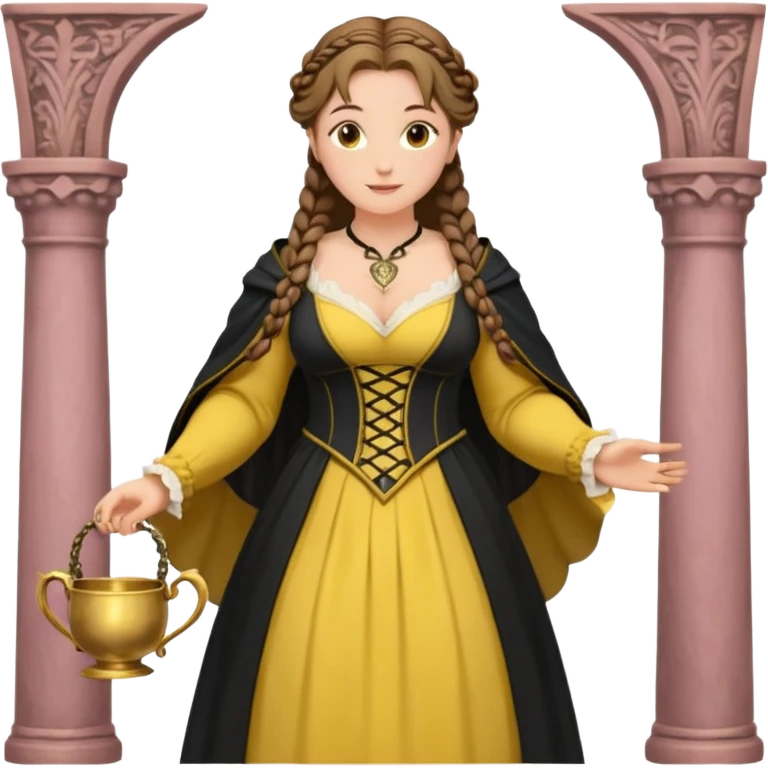 Helga Hufflepuff,brown-haired,2 braids,yellow-black medieval open dress,deep neckline,fat macromastia,black cloak decorated with gold braiding,gold cup with two handles,very kind smile,curvy busty,round rosy cheeks,full length with medieval shoes, inscription in pink heart says:"I love HELGA" emoji