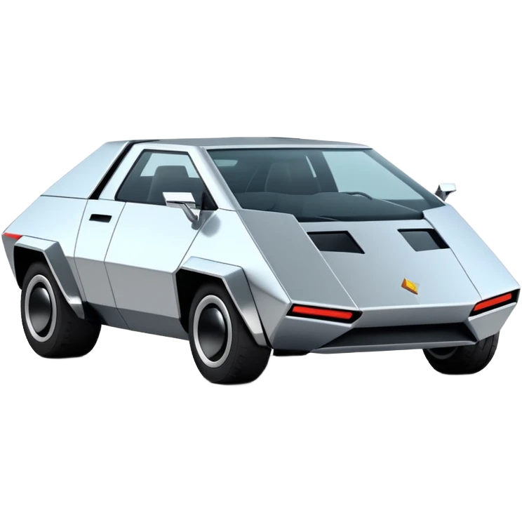 A futuristic chrome car emoji, sharp geometric body design inspired by cybertruck aesthetics, smooth silver metallic surface, matte and glossy chrome mix, minimal details, soft reflections, clean edges, iOS emoji style, centered, clean white background, soft studio lighting, no text emoji