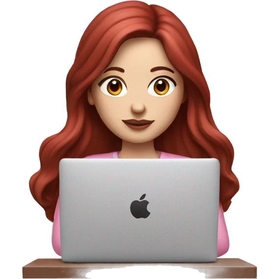 Woman with a white skin that has Long Dark red hair and brown eyes with an eyeliner and lashes coding on a pink macbook emoji