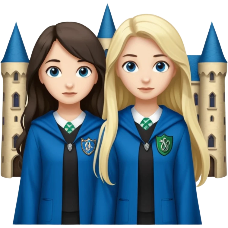 a pretty ravenclaw girl with long dark brown hair and blue eyes standing with a hot Slytherin girl with long blonde hair, blue eyes emoji