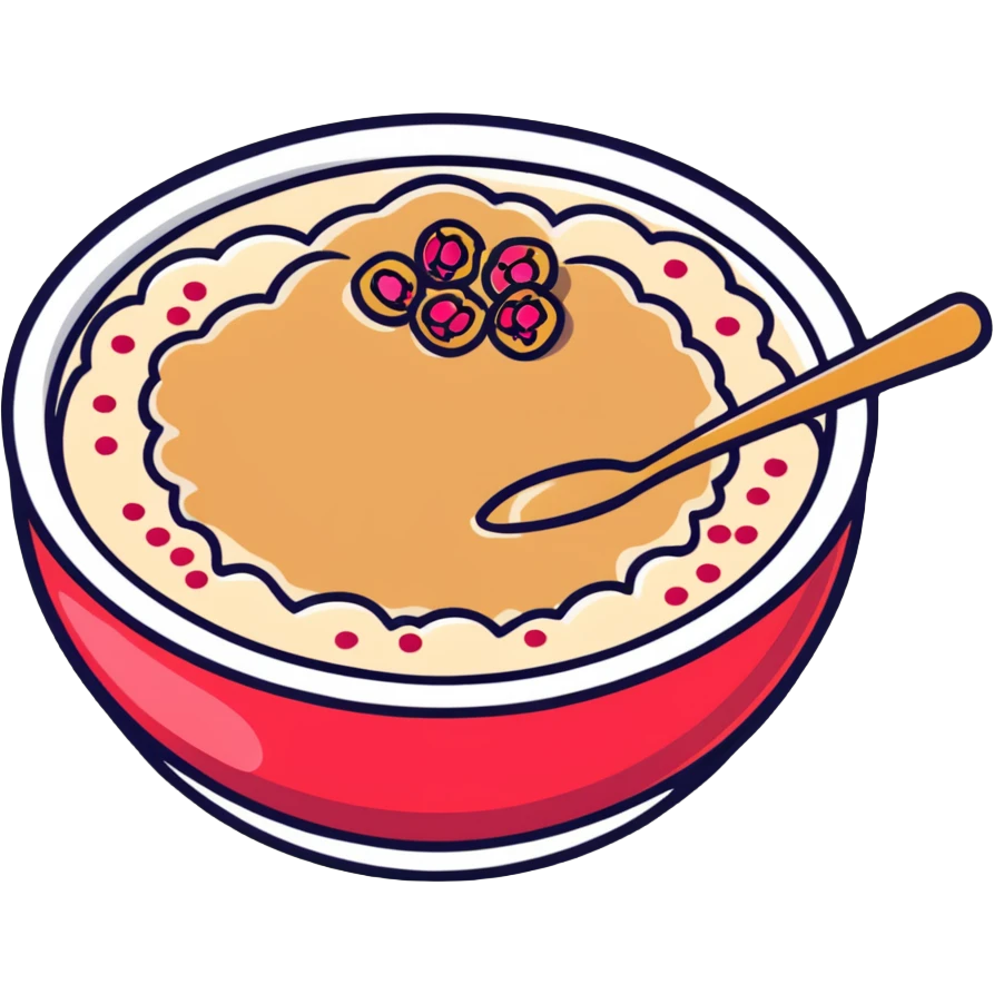 steaming bowl of oatmeal with a dollop of peanut butter, sprinkle of coconut flakes, and fresh pomegranate arils emoji