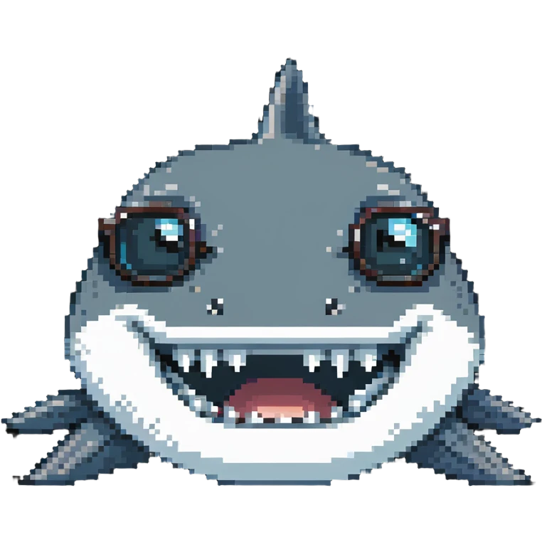 pixelated shark smiling with white teeth wearing dark sunglasses emoji