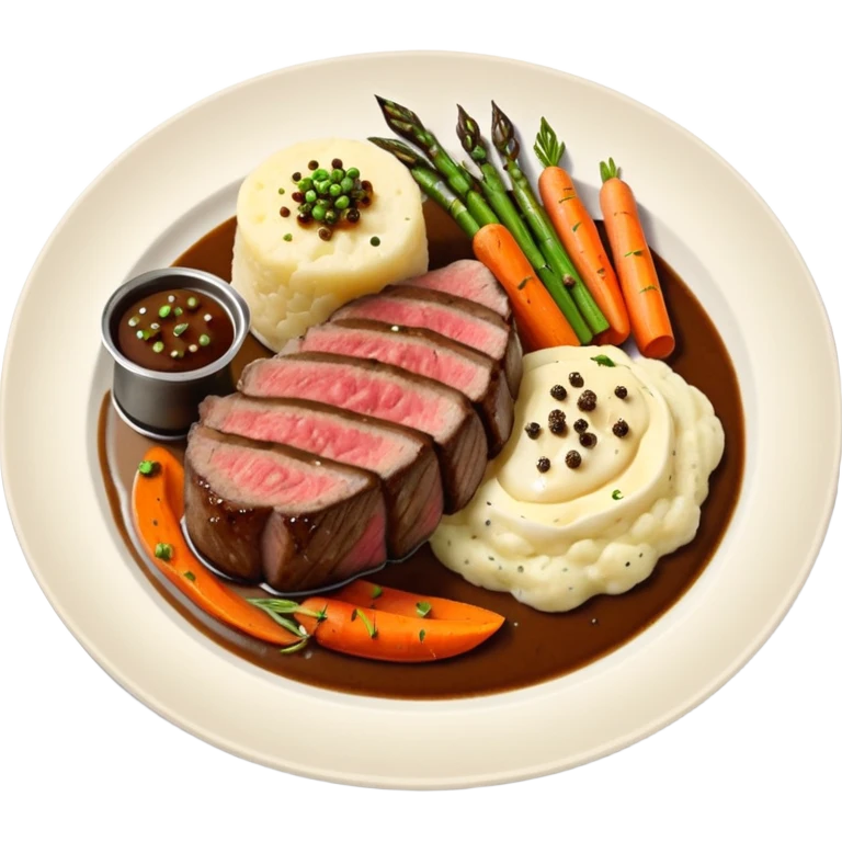 Medium rare Wagyu steak on a bed of creamy garlic mash potatoes couples with pan seared carrots and apparus and a lovely black pepper truffle sause  emoji