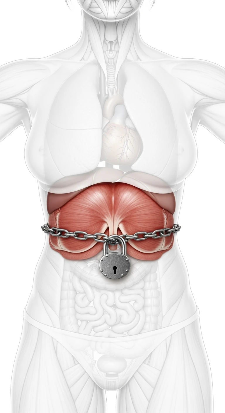 corpo umano anatomico di una donna con diaframma in evidenza, diaframma chiuso da catena e lucchetto, iperrealistica 4k, sfondo bianco emoji