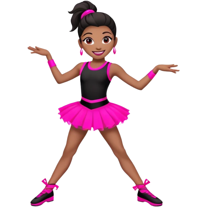 "A dancer in a black and neon pink outfit with a smile and a look of surprise." emoji