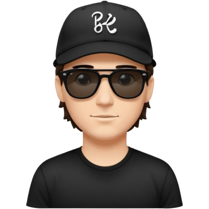 “Emoji of a white man with dark brown hair under a black baseball cap, wearing a black t‑shirt and 1980s‑style black Ray‑Ban rectangle sunglasses, with black musical notes floating around his head,  emoji