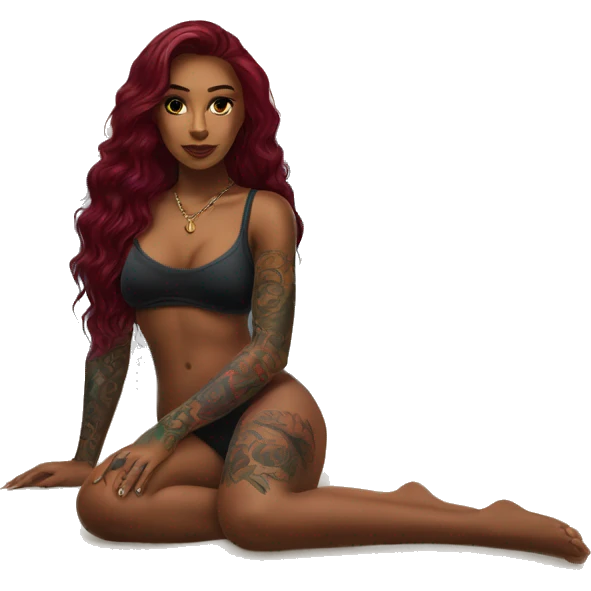 Beautiful tattooed burgundy long haired woman laying on the beach emoji