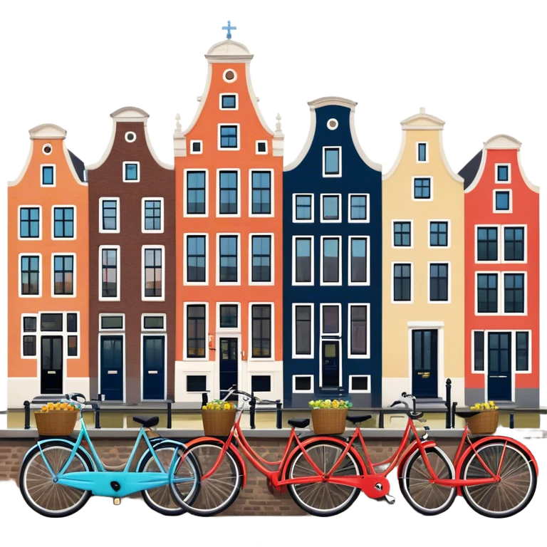 Cinematic Realistic Amsterdam Canal Houses Landmark Emoji, featuring narrow, gabled facades in vibrant colors reflecting on the calm canal waters, with bicycles lining the cobblestone streets. emoji