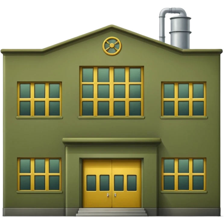 retro industrial factory building, military olive green color, large windows, industrial doors, no smoke, visually appealing, no weapons, no vehicles, not a house emoji