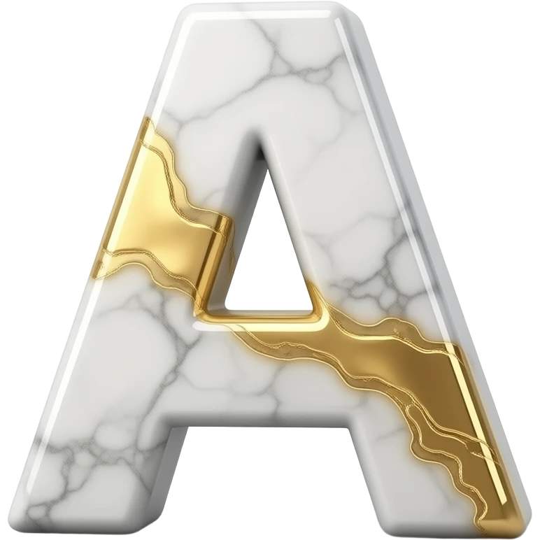 A luxurious uppercase letter 'A' crafted from polished white Carrara marble with deep veins of glowing liquid gold flowing through it. High-end jewelry aesthetic, soft studio lighting, elegant and Luxurious Marble Letter. emoji