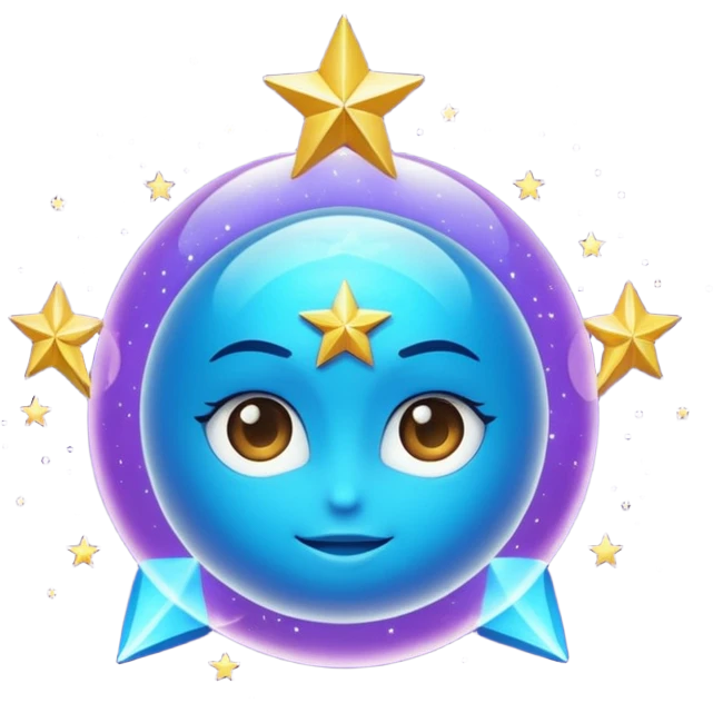 Uma esfera translúcida com reflexos roxos e azuis envolve uma estrela dourada brilhante no centro, criando um visual etéreo e futurista emoji