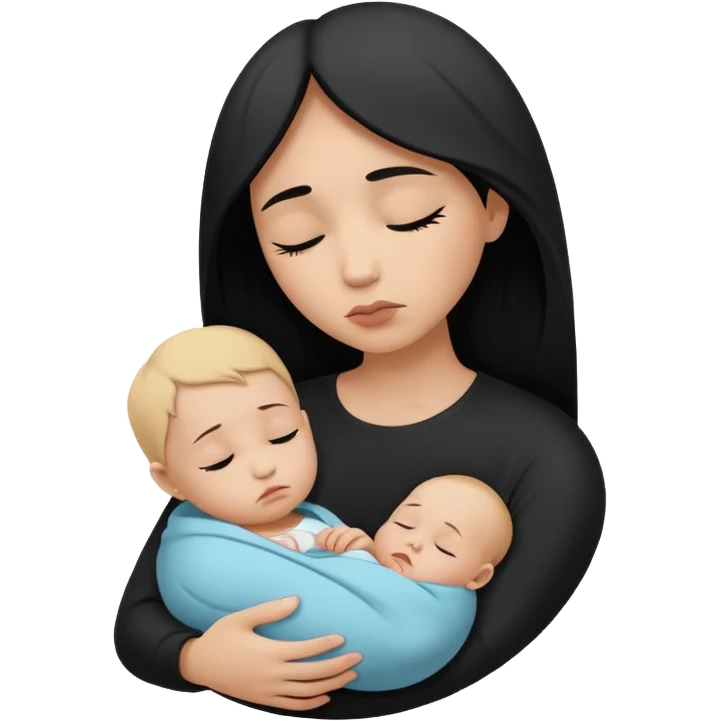 Minimalistic flat vector icon, iOS style, thin black contour on white background. Silhouette of a sad mother holding a baby, small tear drop. Clean, no text, no shadows emoji