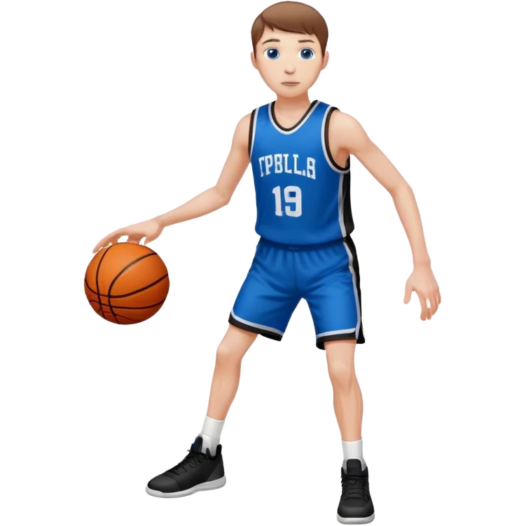 Tall, white, skinny, playing basketball, brown short hair, blue eyes, wearing black uniform
 emoji