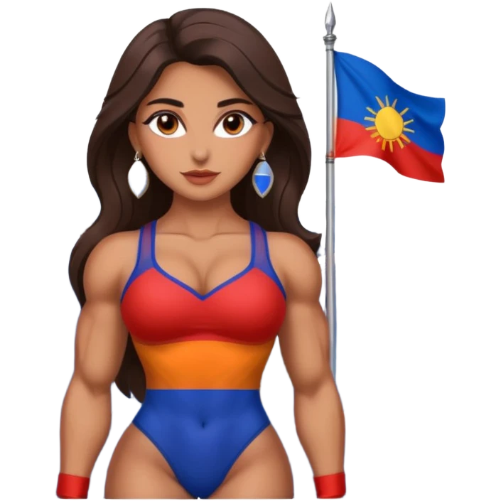 sexy and muscled, full body, brown skin Armenian caucasian girl, sexy girl, beautiful eyes, makeup, earrings, muscled, surrounded by mountains, Flag of Armenia emoji