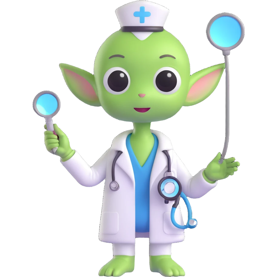 cute green alien in a doctor's outfit, with a head mirror and stethoscope emoji