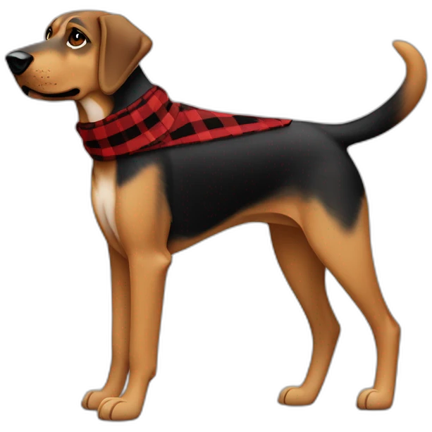 adult 75% Coonhound 25% German Shepherd mix dog with visible tail wearing small pointed red buffalo plaid bandana full body walking left quickly emoji