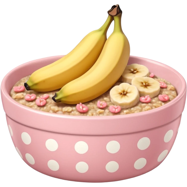 baked oats in a bowl like oat meal with a couple banana slices on top that look a little bit caramelised and a light pink bowl with white polka dots emoji