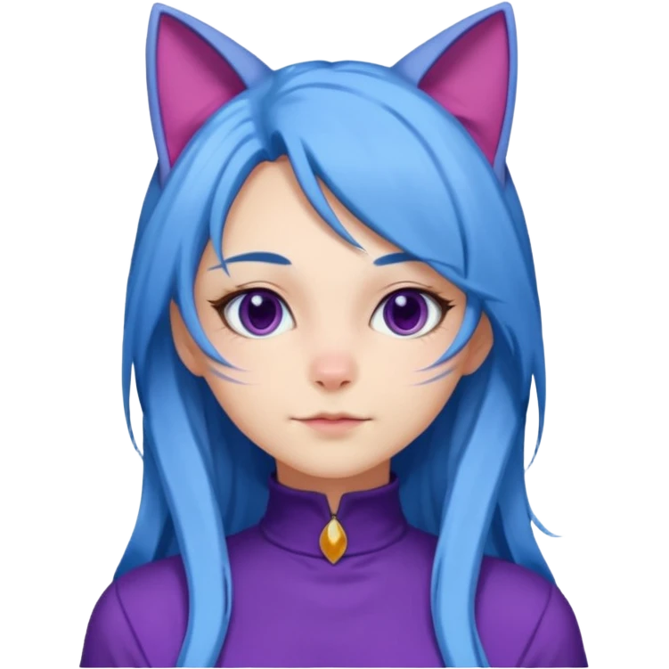 The image is a 3D rendering of a female character with long blue hair and cat ears on her head. She is wearing a purple outfit with a high neckline and long sleeves.  emoji