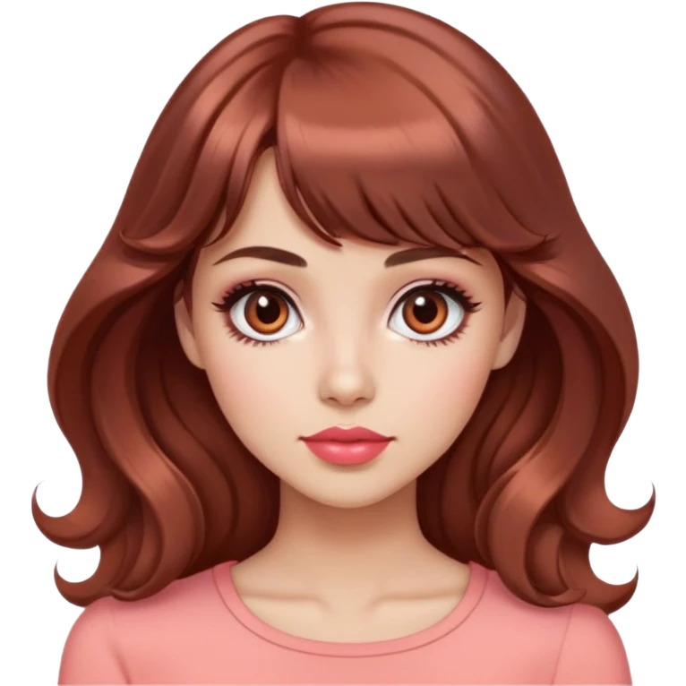 pretty woman, snobby face, light tan skin, big black eyes, long wavy reddish brown hair, bangs, pink top, coral lipstick emoji