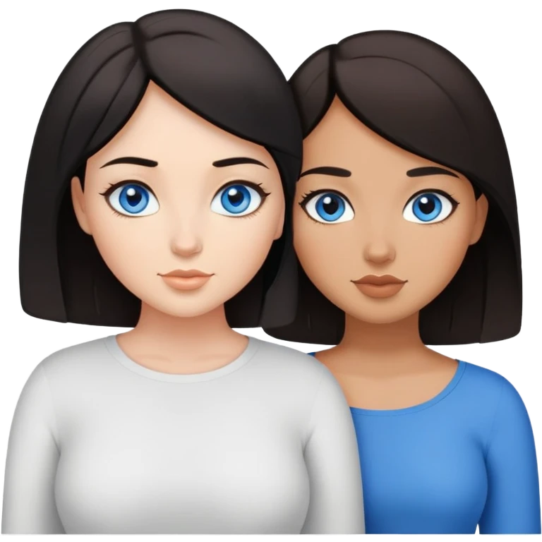 Two girl friends standing together. One has short black hair and blue eyes and the other girl is curvy and has brown hair and blue eyes emoji