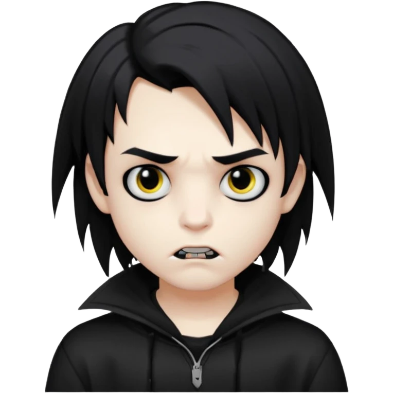 Vampire boy with the black emo hair, pale-white skin, black eyes, little fangs and dark circles under his eyes. He has serious face and he wear a black oversize sweatshot emoji