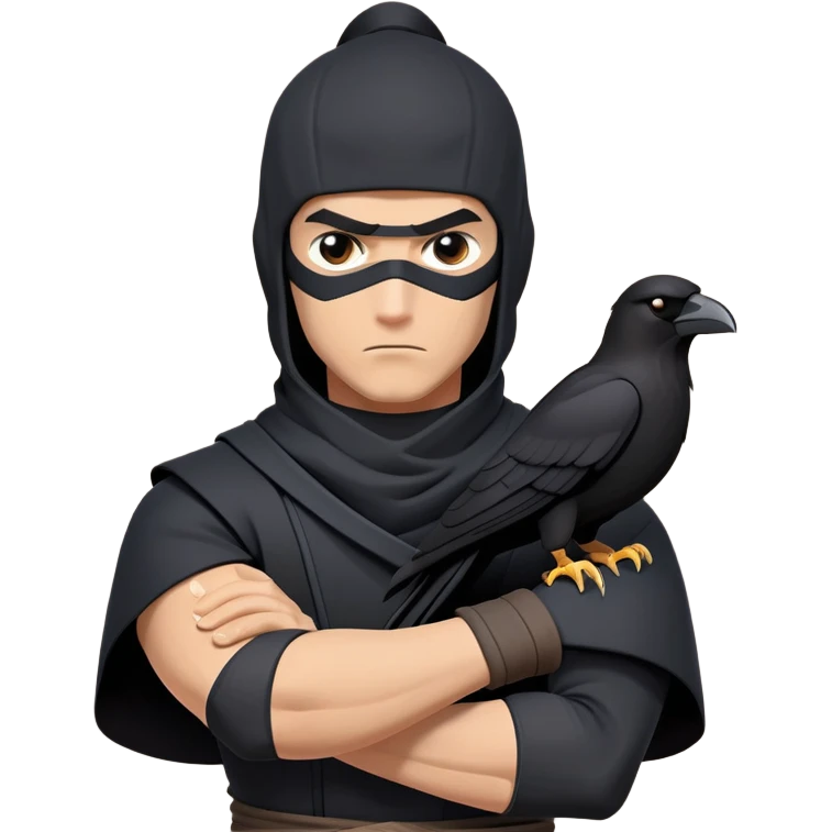 clash-of-clans-aesthetic_-cinematic-mysterious-male-ninja-portrait-emoji, rendered in a flat, vector-style with minimal shading and bold, simplified shapes, with a head slightly turned revealing intense, focused eyes. the ninja has his arm out and perched on top of his forarm is  a  giant black crow emoji