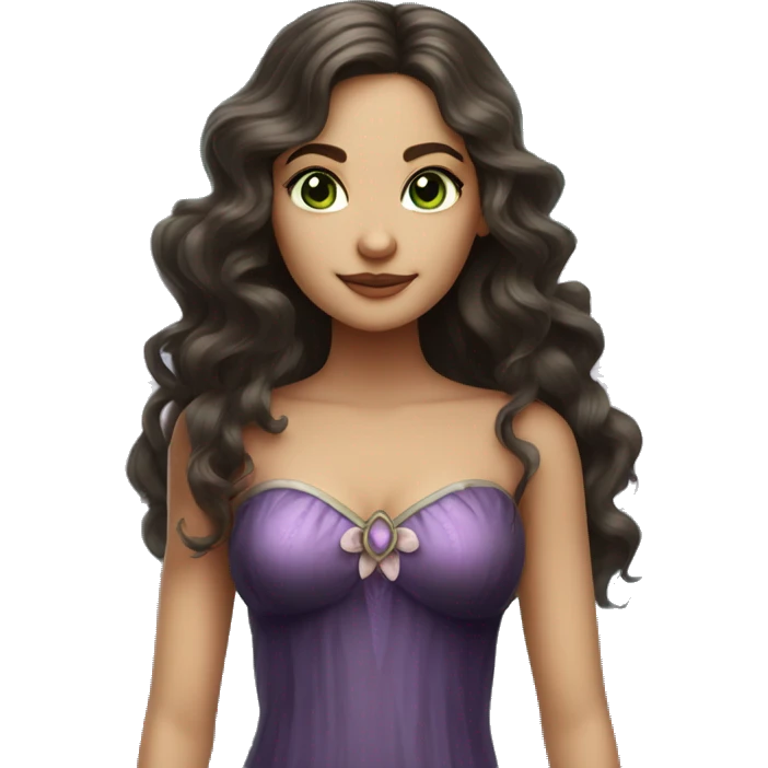 Brunnette woman with very long hair wavy style, dark green eyes And dressed as a fairy with very beautiful wings  emoji