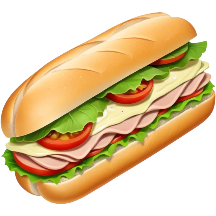 sandwich with turkey, lettuce, pickles, mayonnaise, and tomatoes on a baguette emoji