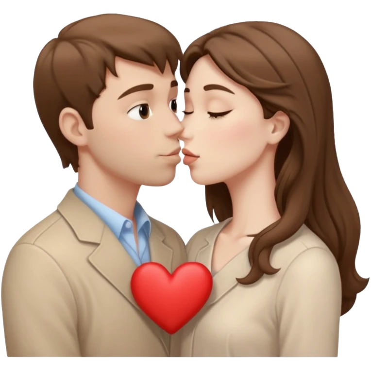 A white man with brown hair in pale beige clothes and a woman in pale beige clothes are kissing with white hearts emoji