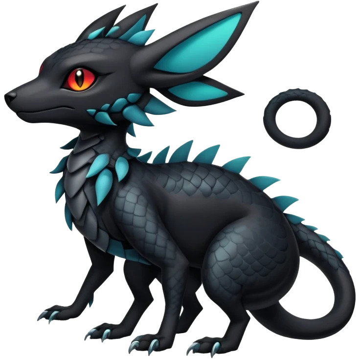Sophisticated Modern Gothic Gloomy Futuristic Scaly Cyber-Salandit-Umbreon-Litten-Hybrid (Full body) emoji