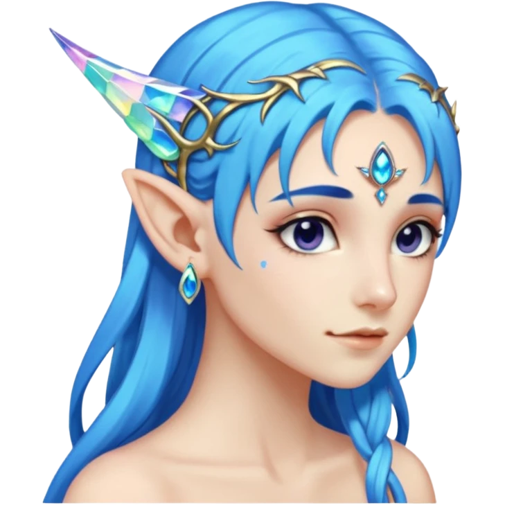 portrait of blue haired Elvish fae shiny sparkly iridescent translucent diaphanous ear climber ear cuff emoji