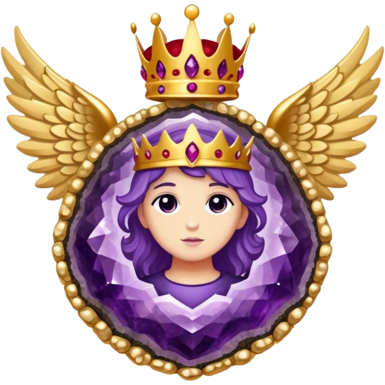 Big amethyst geode with red rubby dots inside award-in-frame-decorated-with-big-golden-angel--wings and crown emoji