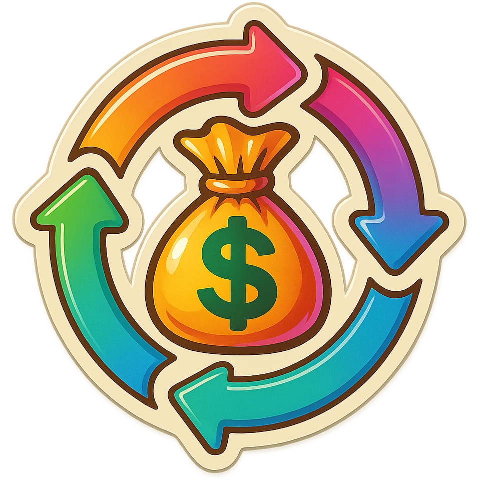 four lifecycle arrows forming a circle with a cartoony bag of money in the center, 1980s retro sticker style emoji