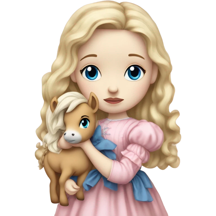 Blonde, pale skin, blue eyes girl wearing a pink dress cuddling her pony stuffed animal. She is from the Victorian era. She is sad and has tears in her eyes emoji