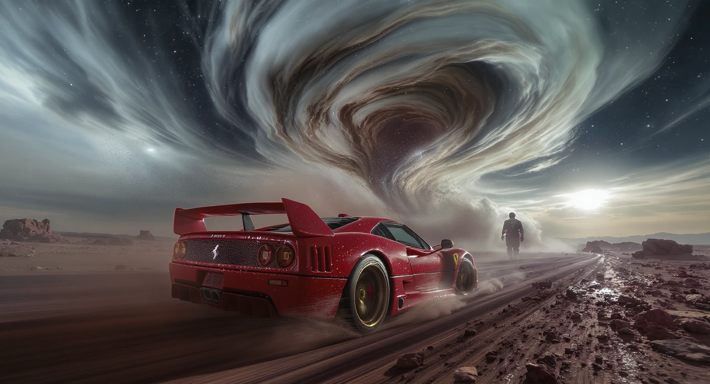 Cinematic still of a ferrari f40 around tornado od arizona desert, sun flare, captured by gopro hero with effect fisheye, water drops on car body, detailed, inspired by interstellar look, captured by a arri alexa emoji